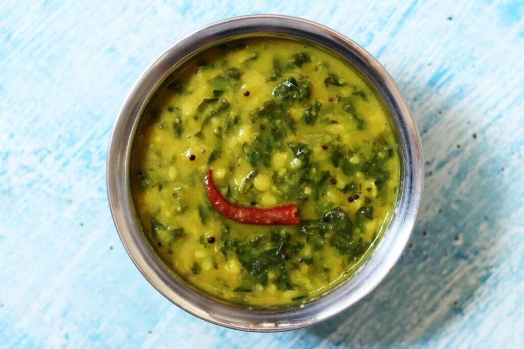 Methi Dal made with tuvar dal and fresh methi leaves is slightly sweet, spicy, and bitter. Also suitable for a renal diet.
