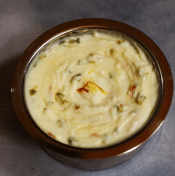 Kesar Pista Shrikhand: Sweetened Greek Yogurt Flavoured with Saffron and Pistachio