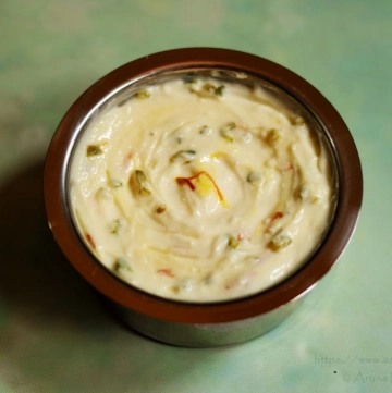 Sweetened Hung Curd (Greek Yogurt) Infused with Saffron and Pistachio