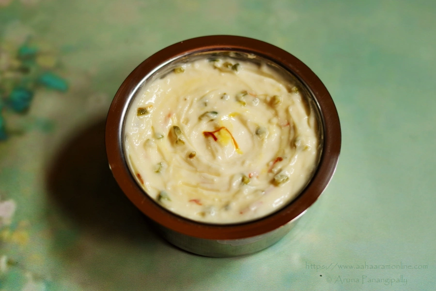 Sweetened Hung Curd (Greek Yogurt) Infused with Saffron and Pistachio 