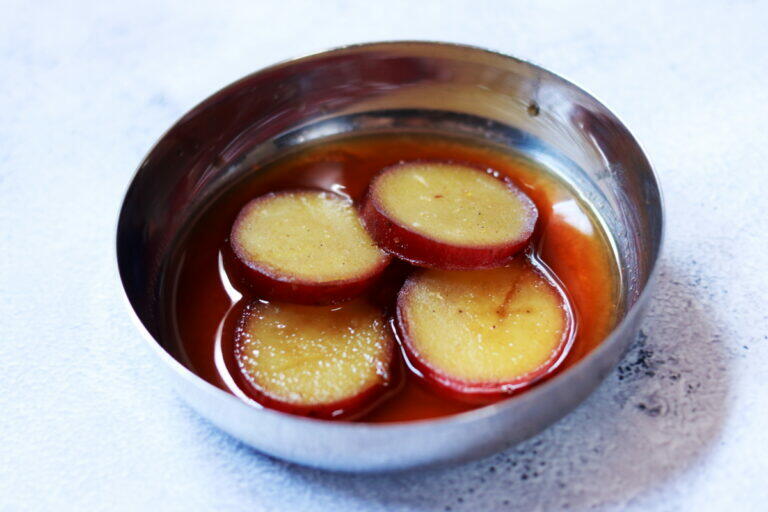 Sweet Potato in Jaggery Syrup is an easy to make, delectable dessert that is also Upvas ka Khana