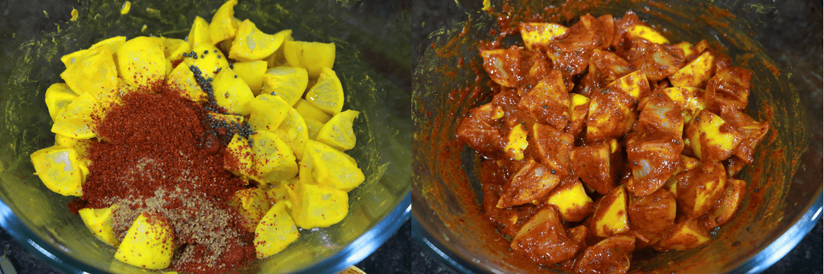 Lemon pieces mixed with chilli powder, fenugreek powder and oil. 