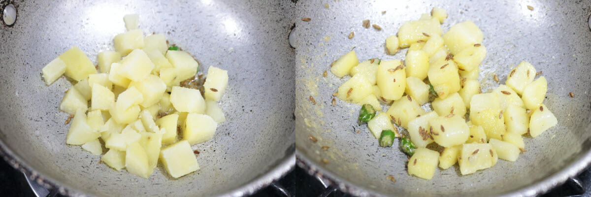 Boiled potato cubes added to the ghee and fried.
