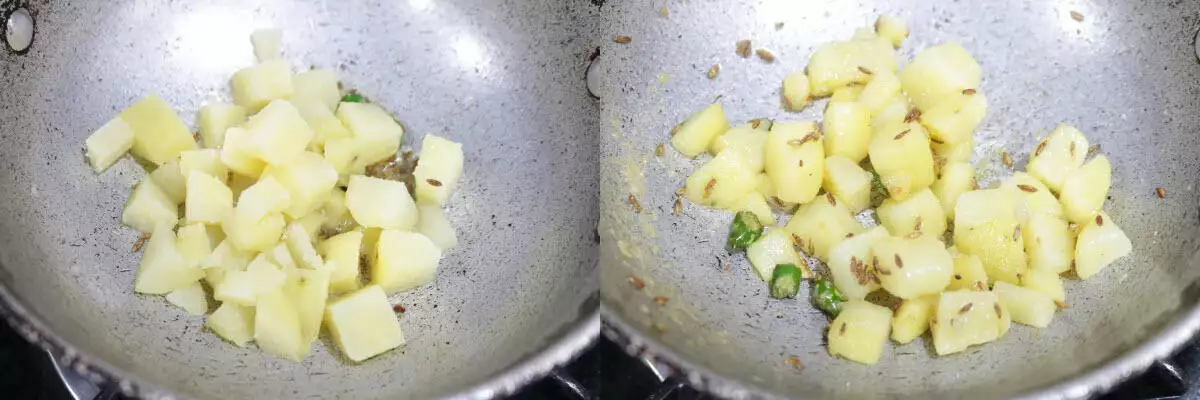 Boiled potato cubes added to the ghee and fried.