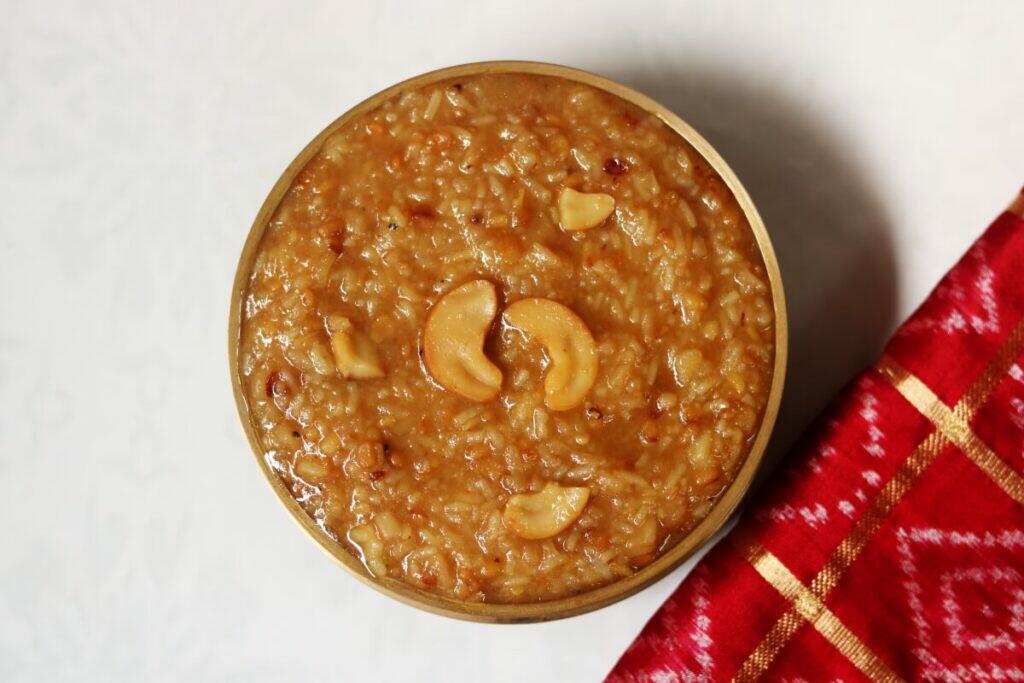 A Bowl of Warm and Gooey Chakkara Pongal or Sweet Pongal