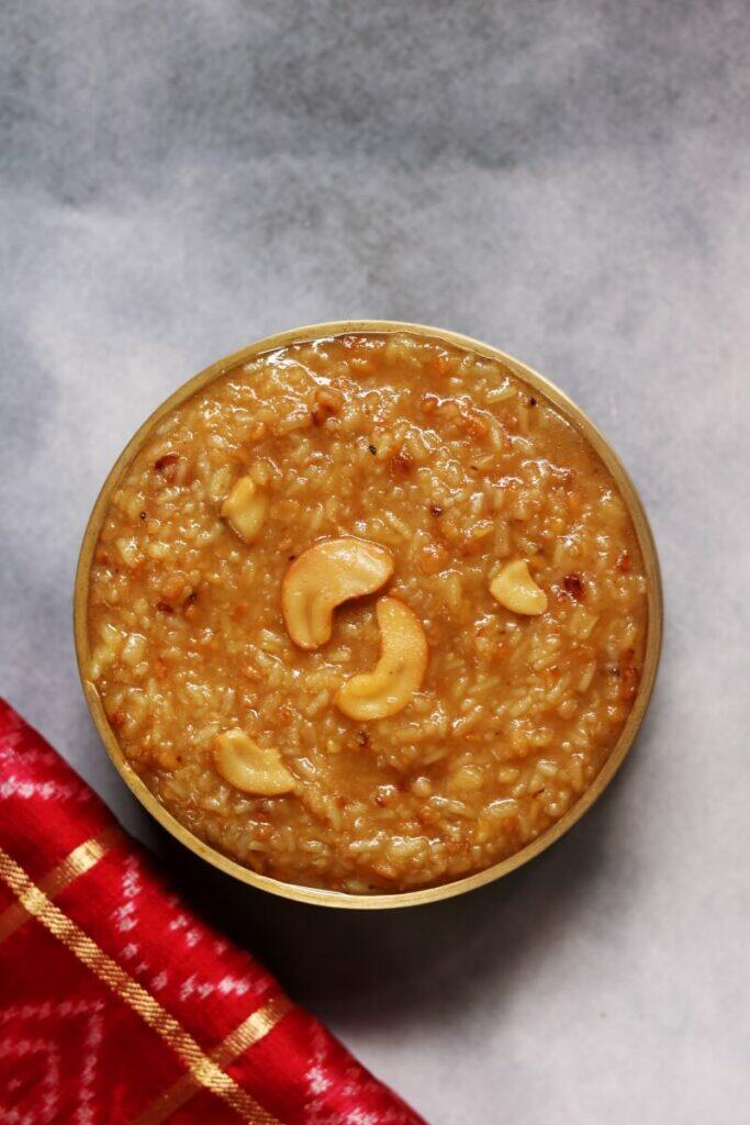 A Bowl of Sakkarai Pongal, the South Indian sweet made with rice, moong dal and jaggery