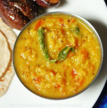 Tomato Pappu, the Andhra-style Tomato Dal served with Roti and Brinjal Curry
