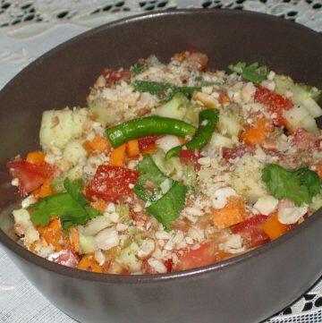 Koshambir is a simple fresh salad that has carrots, cucumber, and tomato