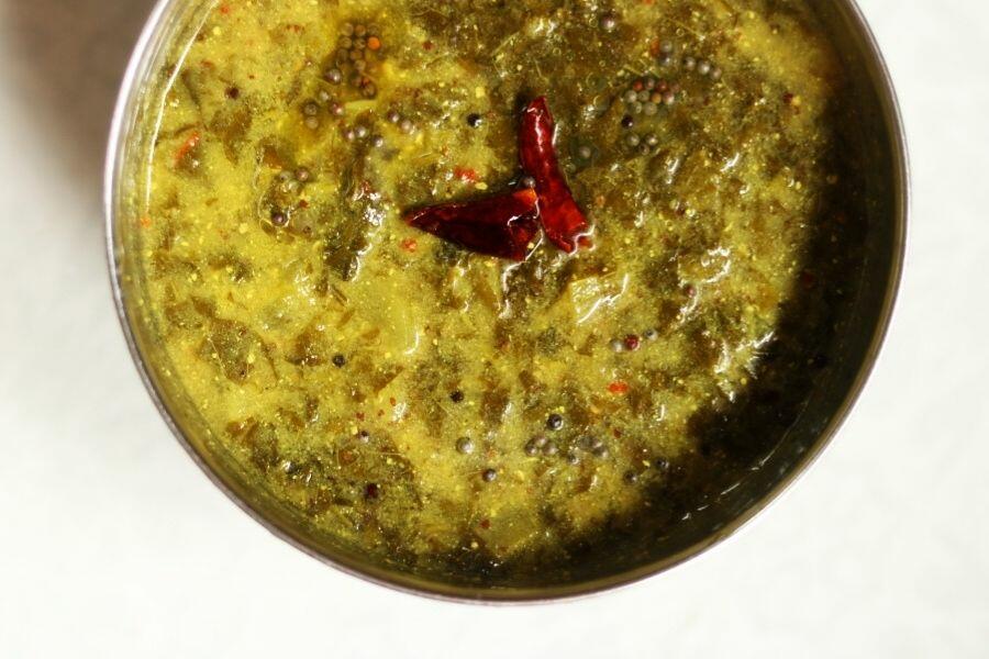 A close up of a bowl of Ava Pettina Thotakura Pulusu, the Andhra Amaranth Leaves Stew Flavoured with Mustard