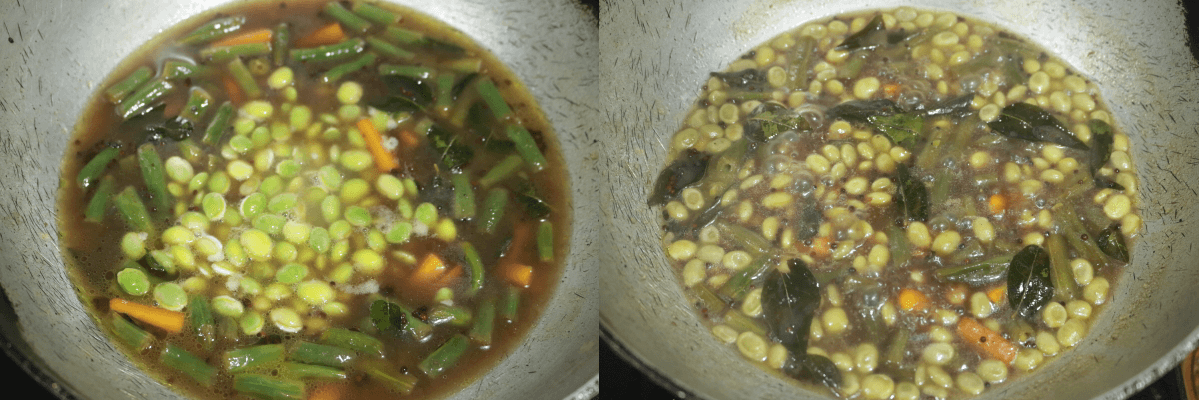 Avarekalu or peas added to the cooked beans and carrot.