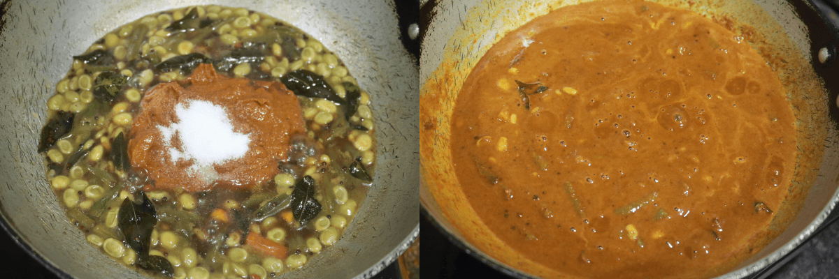 The vegetables cooked with Bisi Bele Bath masala, salt, and water.