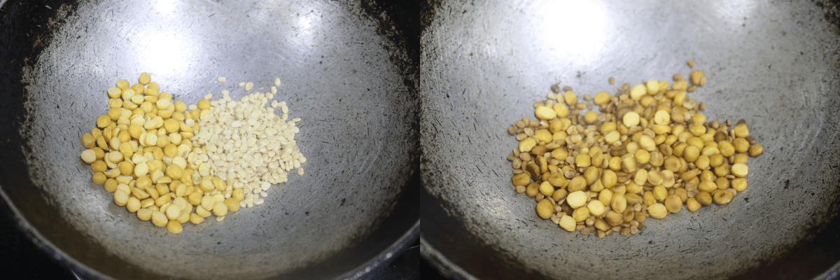 Chana dal and udad dal, before and after roasting.