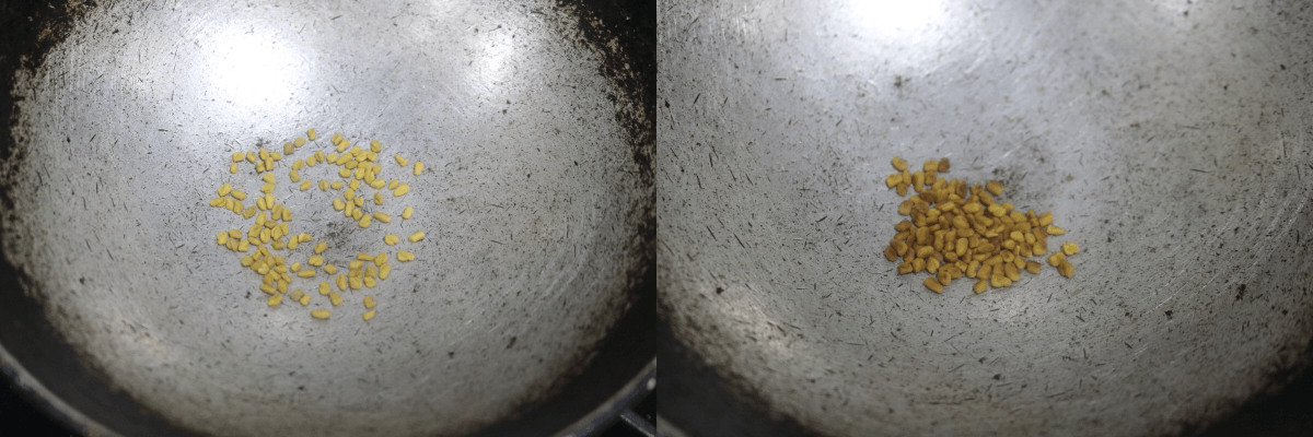Methi or fenugreek seeds, before and after dry roasting