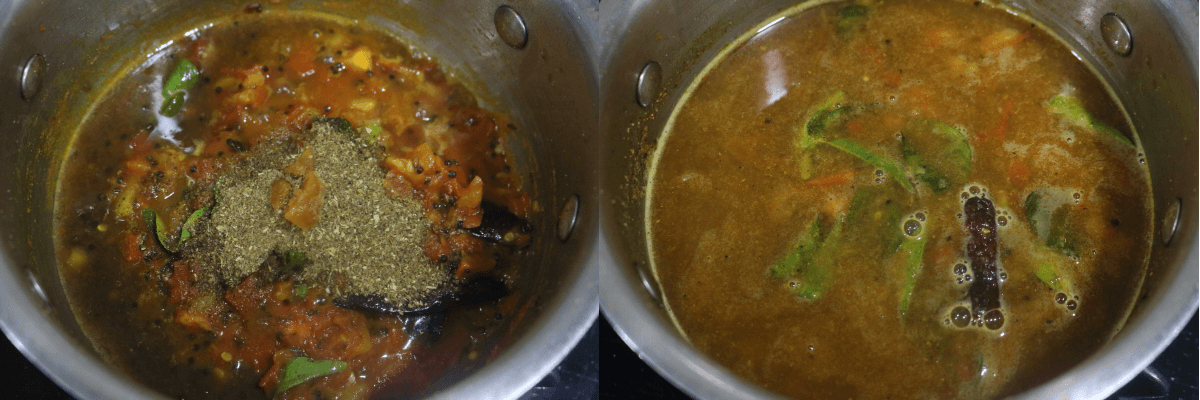 The spice mix, tamarind juice, and water added to the make the tomato rasam.