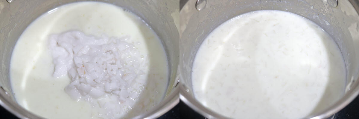 Add the coconut pulp, coconut milk,  and coconut meat pieces to the milk.