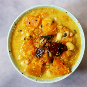 This pumpkin and black-eyed peas dish called Mathanga Erissery is a must for Onam Sadya.