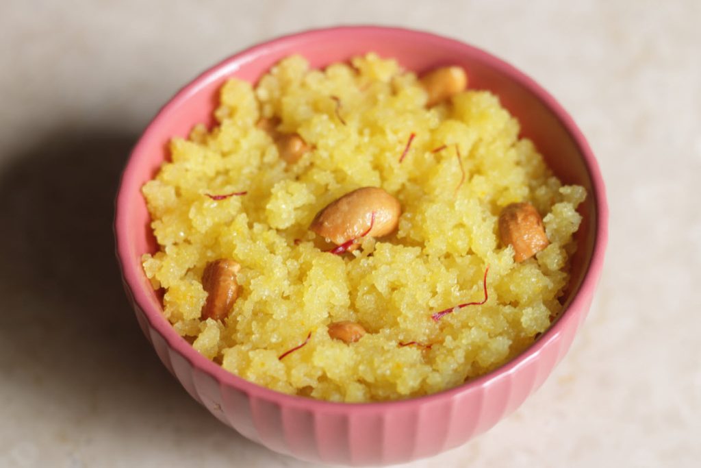 Rava Kesari or Kesari Bath is the saffron-flavoured Suji ka Halwa. This Saffron and Semolina Halva is soul-food in South India.