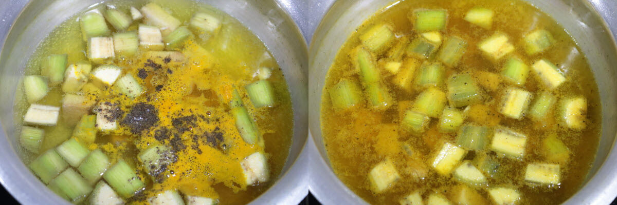 Yam and Banana boiled with pepper powder and turmeric.