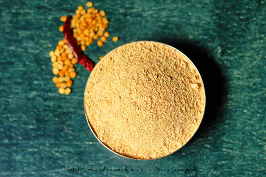 Paruppu Podi is a powder made with roasted dals, cumin, chilli and asafoetida.