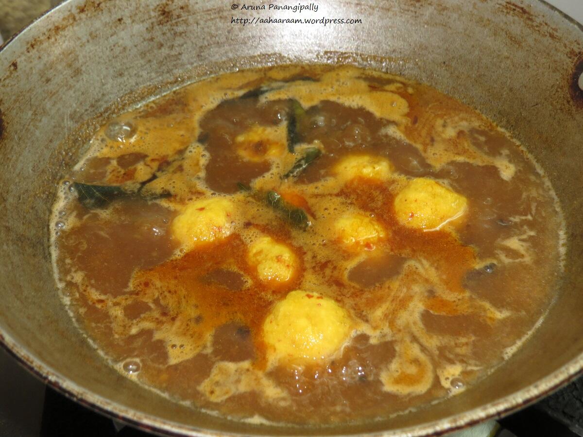 Paruppu Urundai Kuzhambu - Add the Balls to the Boiling Kuzhambu