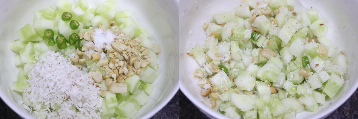 Mixing all ingredients together to make the Cucumber Salad