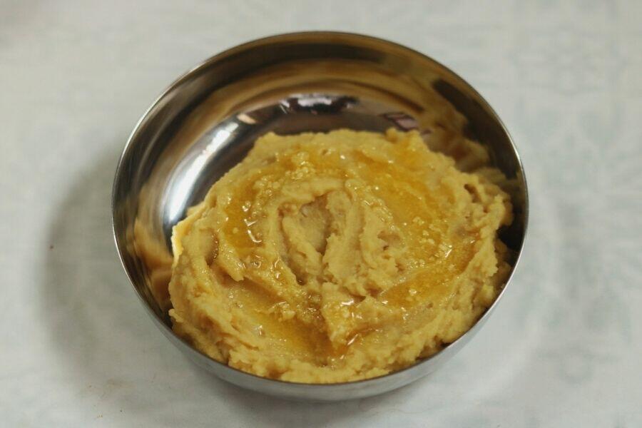 Mudda Pappu, the simple Andhra boiled and mashed Tuvar Dal, topped with ghee, and served in a bowl