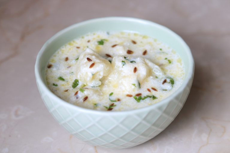 Dahi Wale Aloo or boiled potato in tempered yogurt, a traditional Navratri Vrat ka Khana,