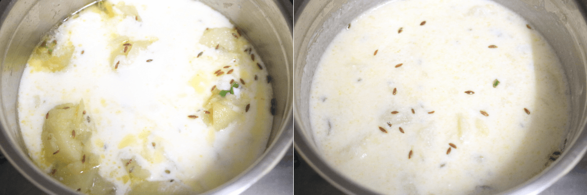 Yogurt added to the stir-fried boiled potatoes and cooked over low heat.