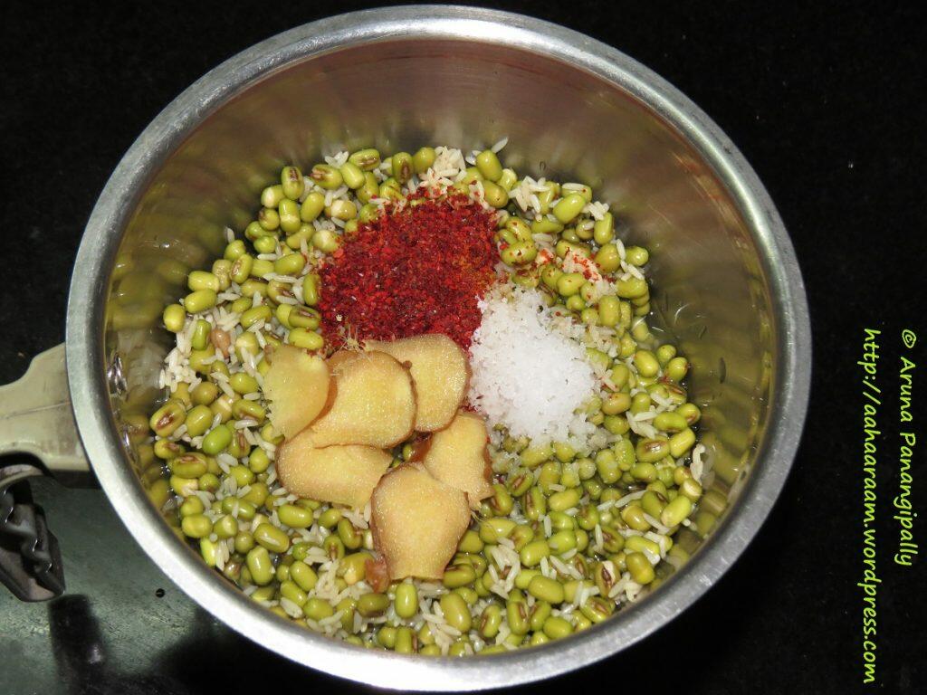 Pesarattu - Grind the Soaked Moong and Rice with Ginger, Chilli Powder, and Salt
