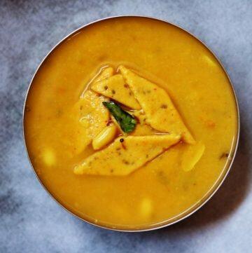 Dal Dhokli from Gujarat: Slices of spiced wheat flour cooked in a sweet, tangy dal.
