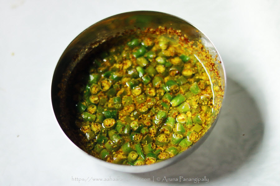 Green Chilli Pickle with oil, lemon juice and mustard
