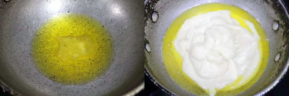 Ground Badam paste added to hot ghee 