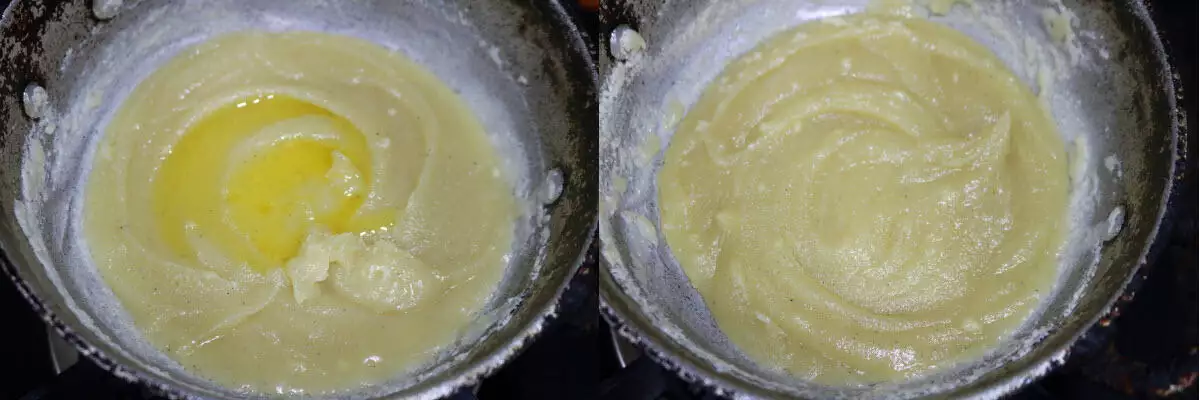 Ghee added to thickened Badam paste. 