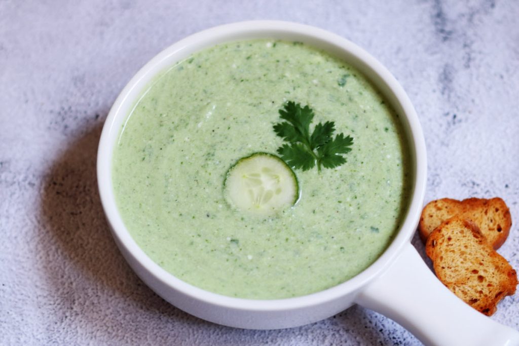 Cucumber Gazpacho or Cold Cumber Soup made by blending together English cucumber, yogurt and some flavouring ingredients.
