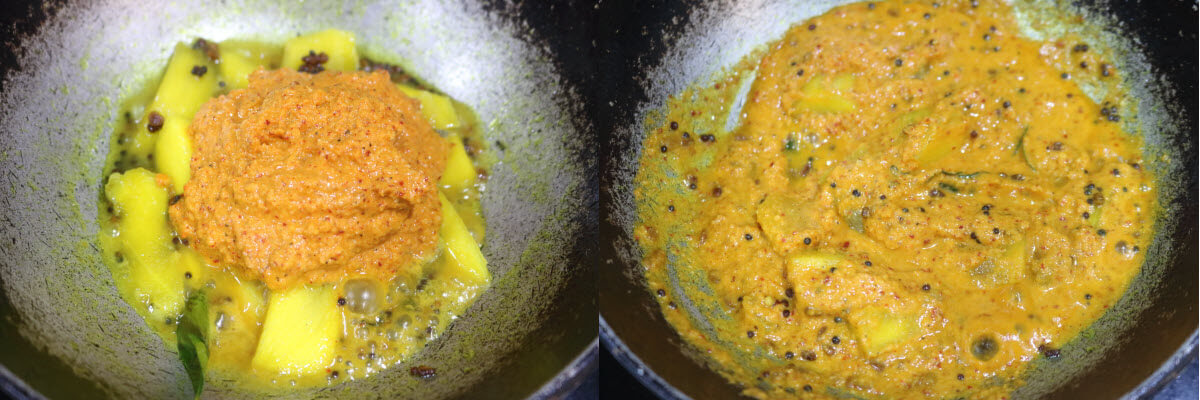 The cooked mango pieces mixed with the ground coconut paste.