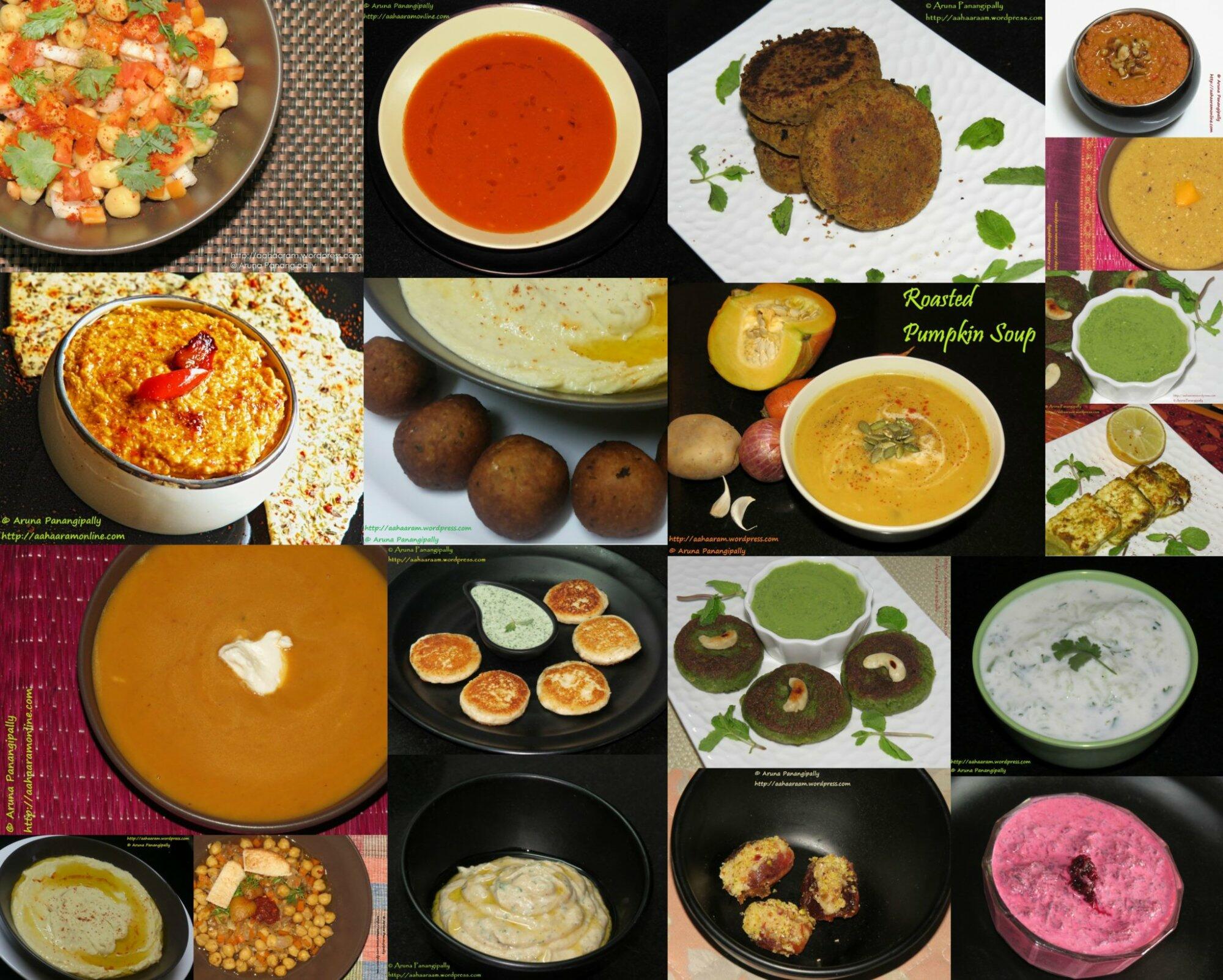 A collection of vegetarian recipes for starters (dips, kebabs, soups) for Ramzan aka Ramadan