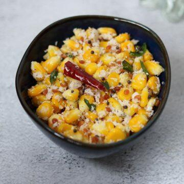 Sweet Corn Sundal, a simple snack with boiled corn kernels and coconut.