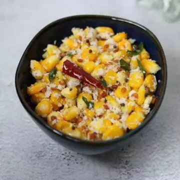 Sweet Corn Sundal, a simple snack with boiled corn kernels and coconut.