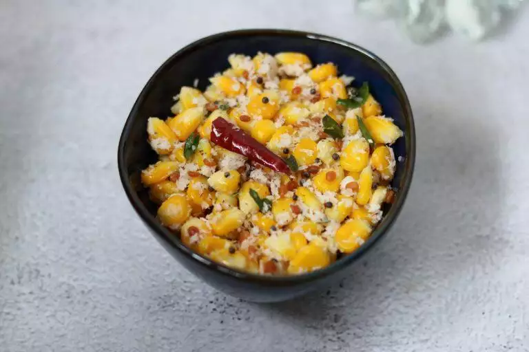 Sweet Corn Sundal, a simple snack with boiled corn kernels and coconut.