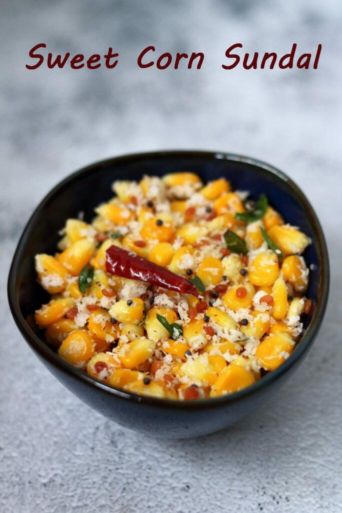 Sweet Corn Sundal | Mokkajonna Sundal for Navratri Sweet Corn Sundal, called Mokajonna Guggillu in Andhra, is a simple snack of boiled corn and grated coconut.