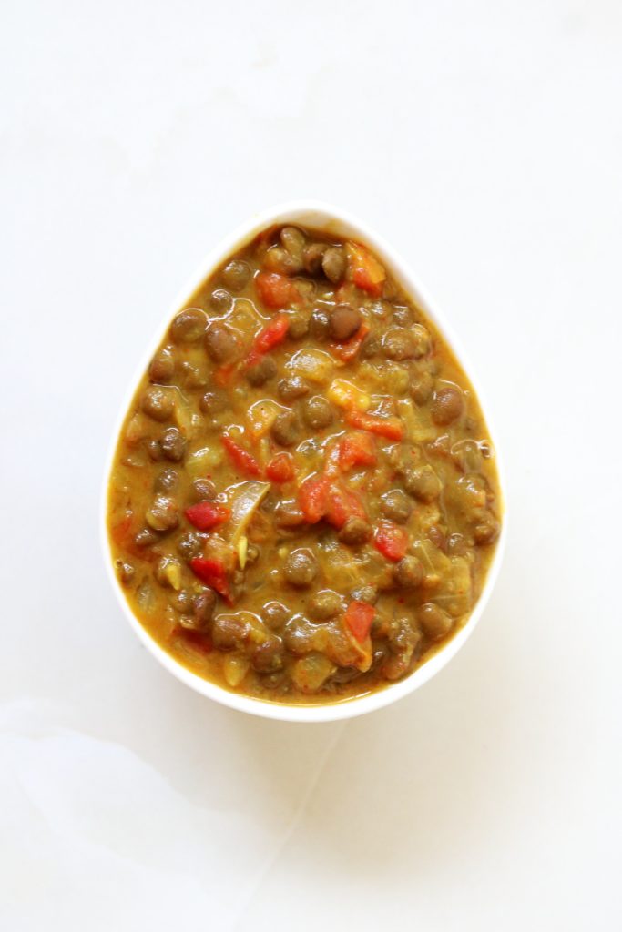 Sabut Masoor Dal, a high-protein, Indian-style recipe with whole brown lentils, to be enjoyed with rice or roti. 