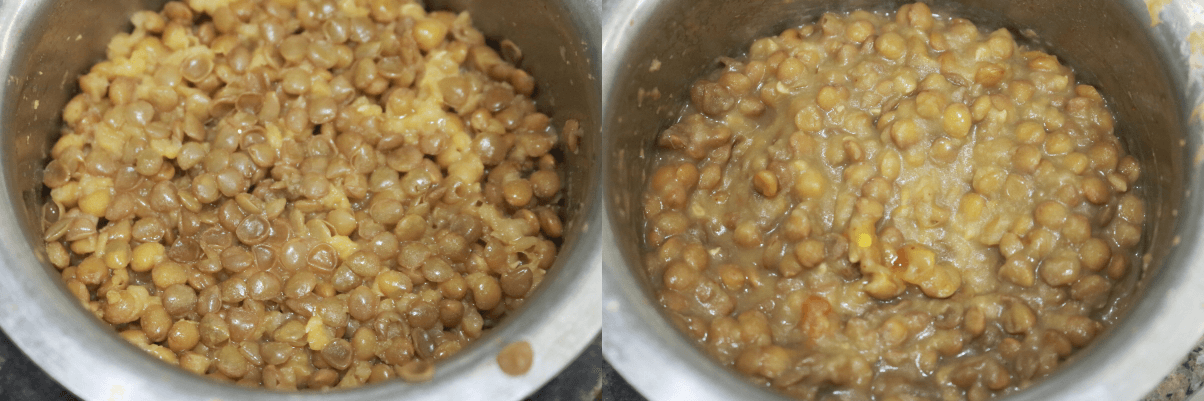 Mash the cooked Masoor Dal.