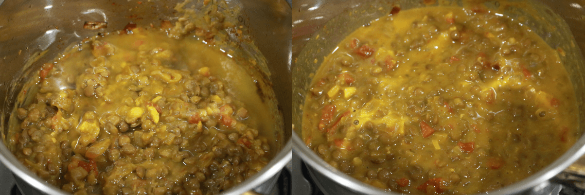 Add water to adjust the consistency of the masoor dal.