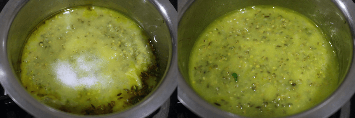 Add cooked the bajra and moong dal mix and cook for a couple of minutes.