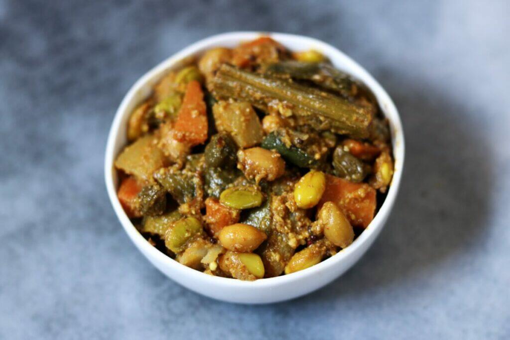 Bhogichi Bhaji is a vegan Maharashtrian dish made with freshly harvested winter vegetables for Bhogi