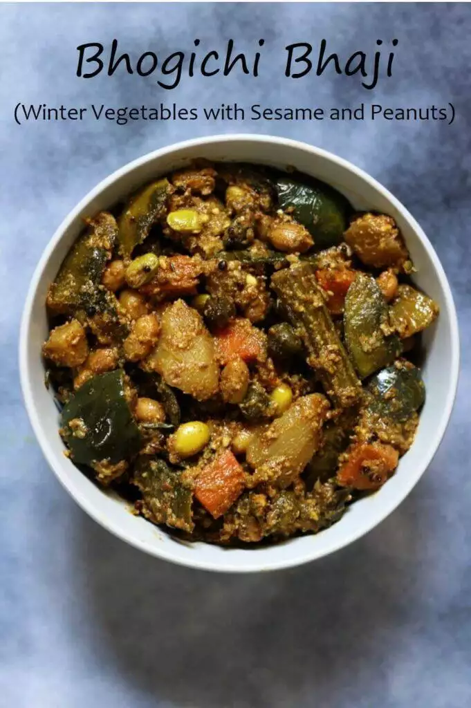 Bhogichi Bhaji uses freshly harvested winter vegetables like Pavta, Harbhara (green chana), potatoes, and more. Flavoured with peanut and sesame powders, and Goda Masalar.