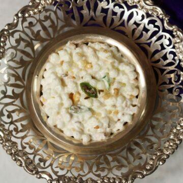 A Bowl of Dahi Sabudana or Sago in Yogurt. This easy to make, gluten-free dish is a popular fasting food or Upvas ka Khana in Maharashtra.