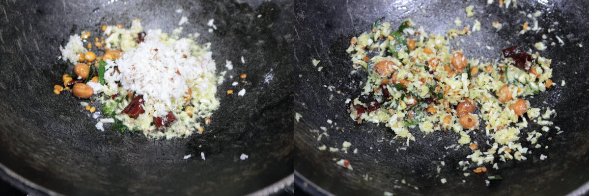 Grated coconut mixed into the tempering. 