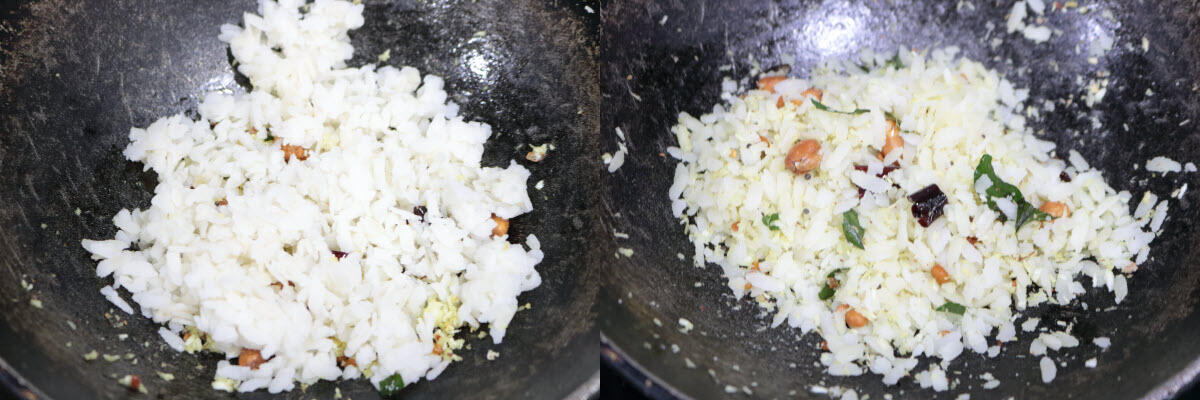 The poha mixed into the tempering to make Coconut Poha (aka  Thengai Aval or Kobbari Atukulu)