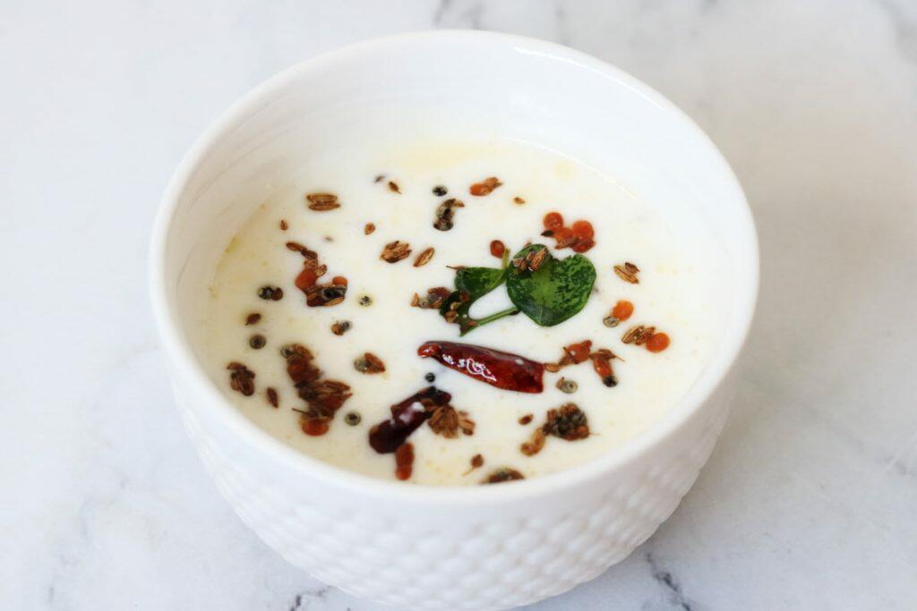 Menthi Majjiga, a traditional Andhra buttermilk flavoured with a tadka of ajwain (carom seeds) and methi (fenugreek seeds).